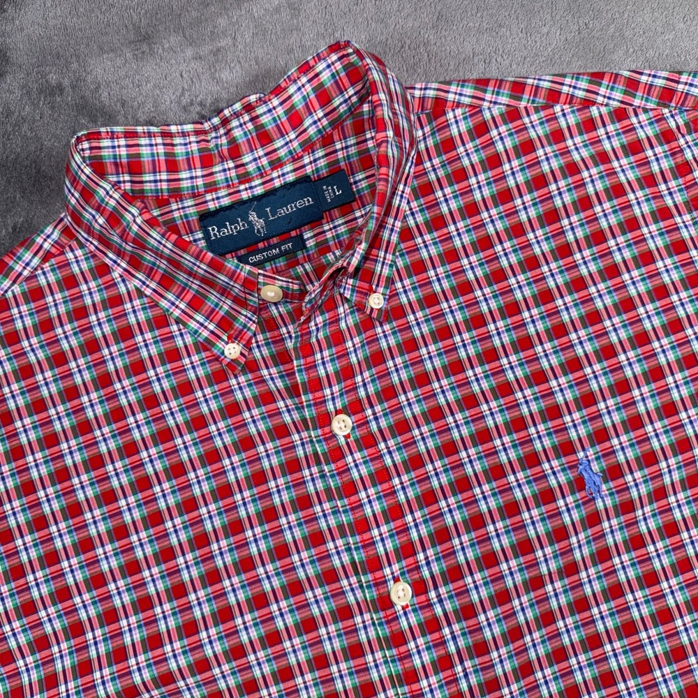 Ralph Lauren Mens Custom Fit Plaid Short Sleeve Button Down Shirt Red Green L